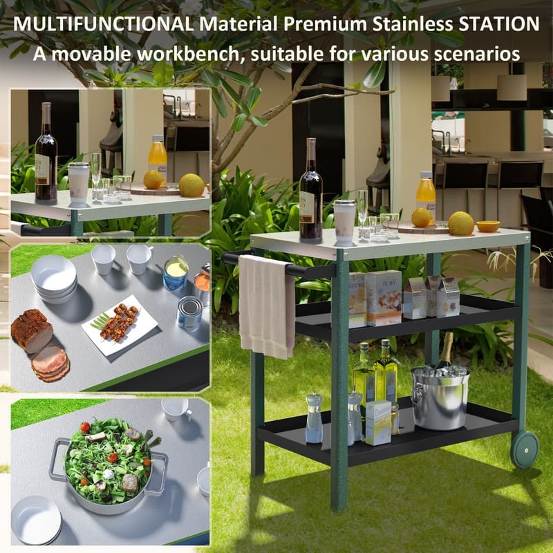 Outdoor HDPE Material Prep Rilling Grill Cart - Frosted Surface, High Load Capacity, Portable & Durable 3-Tier BBQ Cart
