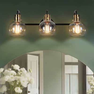 3-Light Black Gold Bathroom Vanity Lights Modern Wall Lighting with Globe Glass - 23" L x 8" W x 8" H