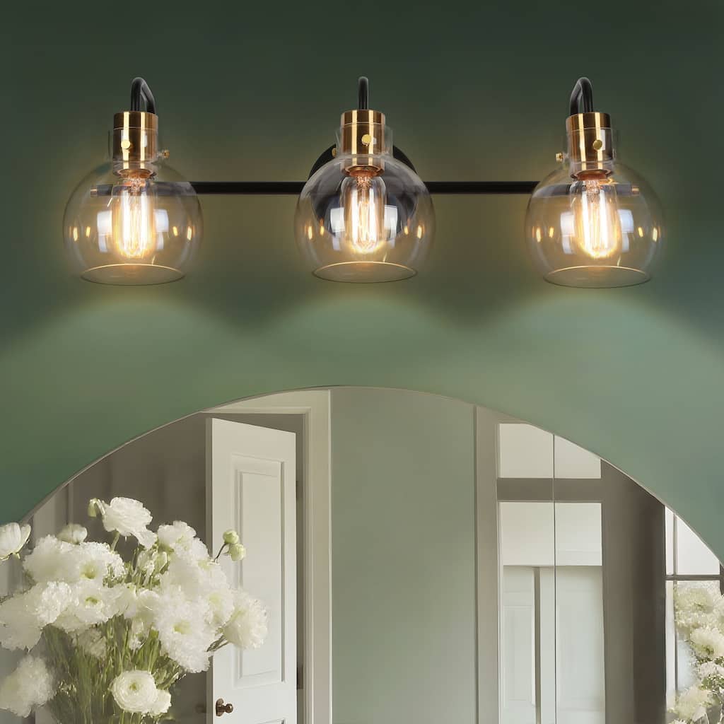 Modern 3-Light Black Gold Bathroom Vanity Lights Wall Lighting with Clear Globe Glass - 23" L x 8" W x 8" H