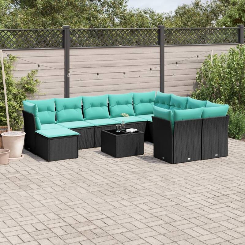 vidaXL Patio Sofa Set with Cushions Outdoor Furniture 11 Piece Poly Rattan - 24.4" x 24.4" x 27.2" - Black and blue