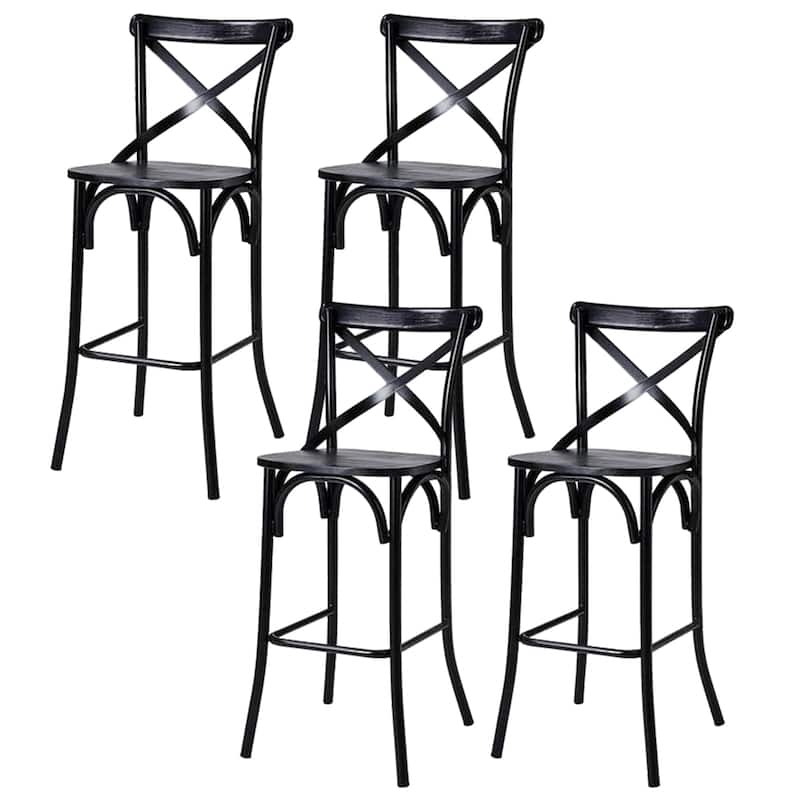 Glitzhome Industrial Metal Solid Elm Wood Seat Kitchen Bar Stool Chairs, Set of 2/4 - Set of 4 - Black