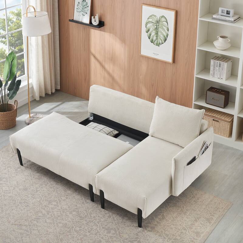 79.5" Beige Corduroy Sofa with 3 Pillows for Apartment Office