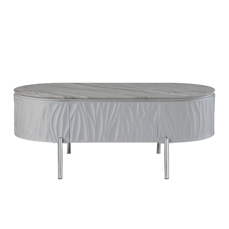 HomeRoots 47" Gray Wood and Steel Oval Coffee Table With Drawer - 47.00 in. x 18.00 in. x 24.00 in.