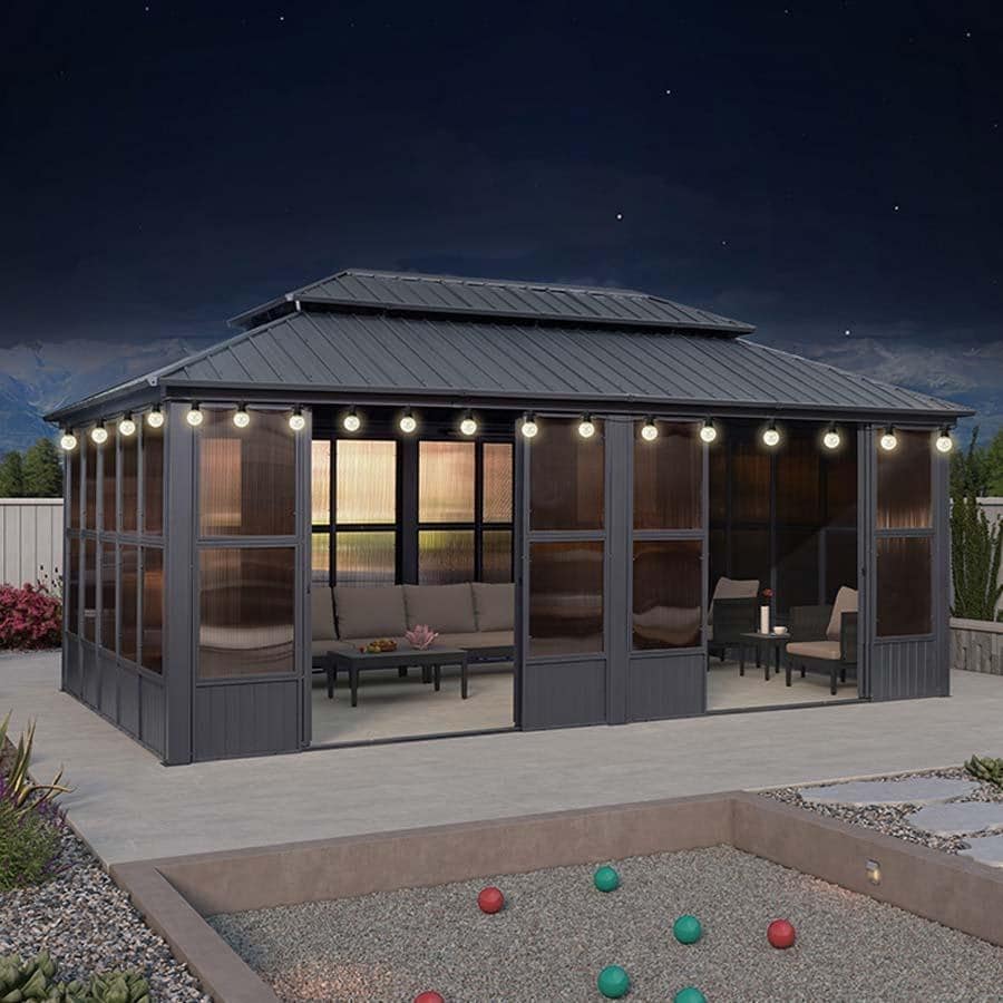 PURPLE LEAF Double Top Outdoor Sunroom All-Weather Screen House Patio Hardtop Gazebo