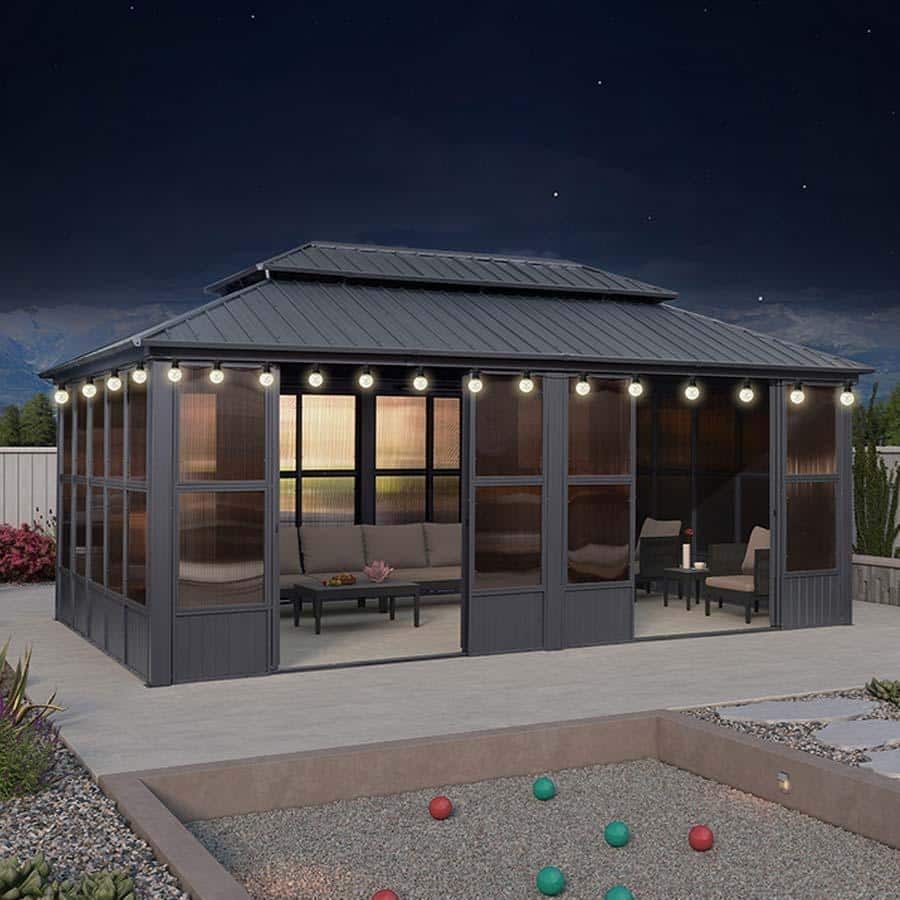 PURPLE LEAF Double Top Sunroom Outdoor Grey All-Weather Screen House Patio Hardtop Gazebo