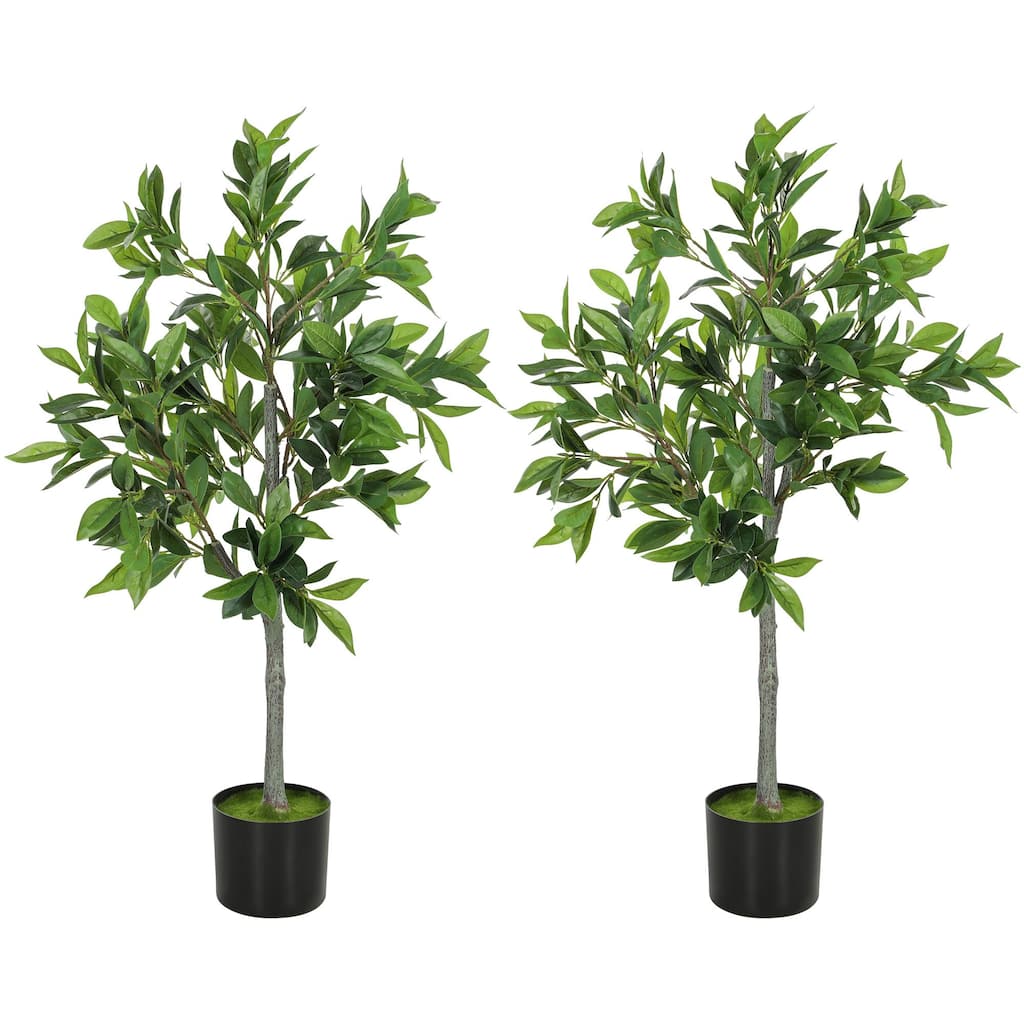 Potted Fake Plants Set Of 2, LiFelike Laurel Artificial Trees with 345 PEVA Leaves For Indoor Outdoor Decor, Green