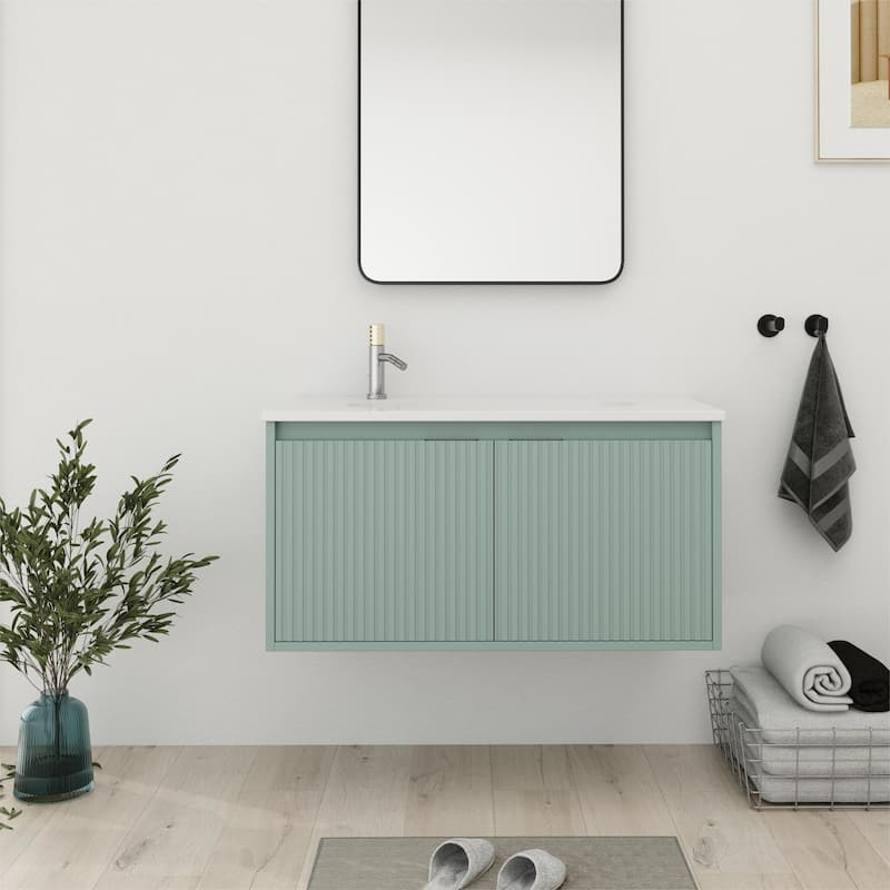 Bathroom Vanity With Sink In 24/36 Inch, Floating Bathroom Vanity With Soft Close Door - 35.8"W x18.2"D x 18.2"H - Green Grille