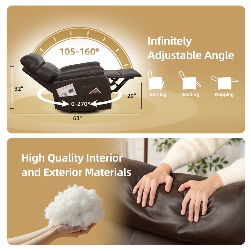 Electric Power Swivel Recliner Chair - Oversized PU Leather Massage Recliner with USB/Type-C Charging