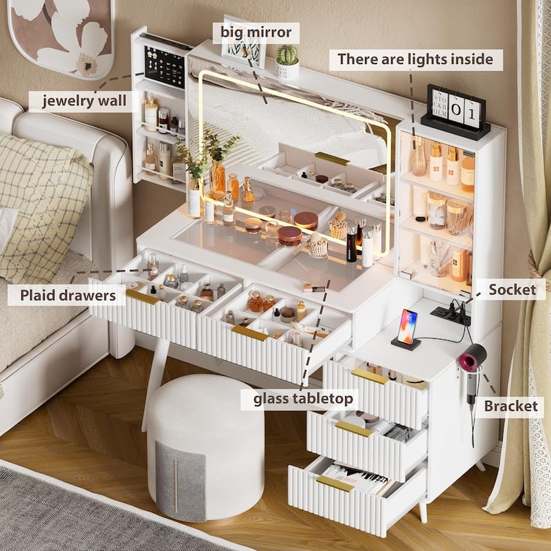 Makeup Vanity with Lighted Mirror, 54" Dressing Table with Glass Top, 11 Storage Drawers & Adjustable LED Lighting