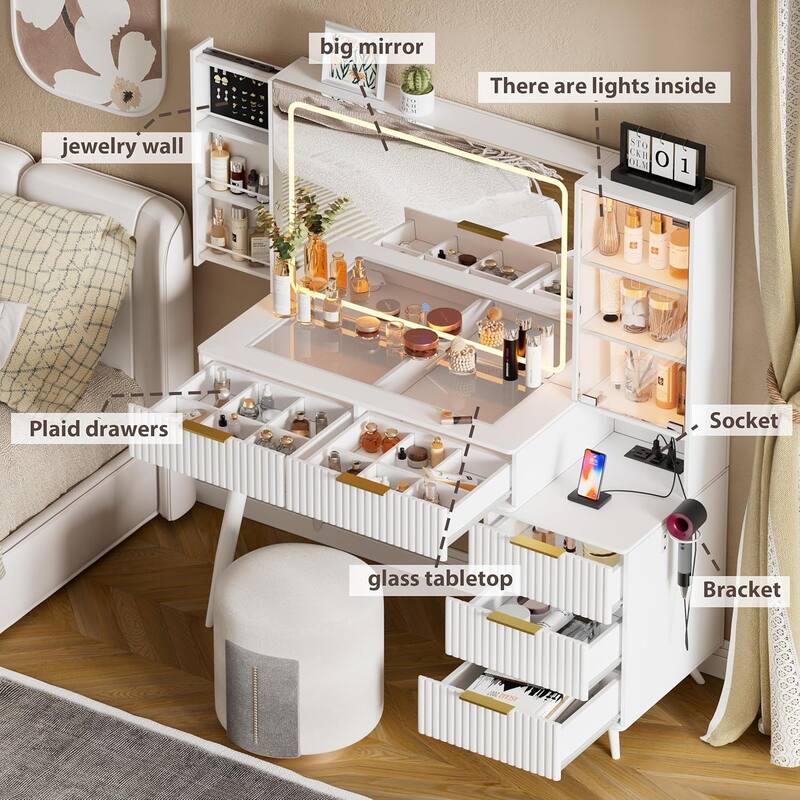 Vanity Desk with with Mirror and Lights,Makeup Vanity Table with Glass Top and Drawers&Cushioned Stool,Dressing Table