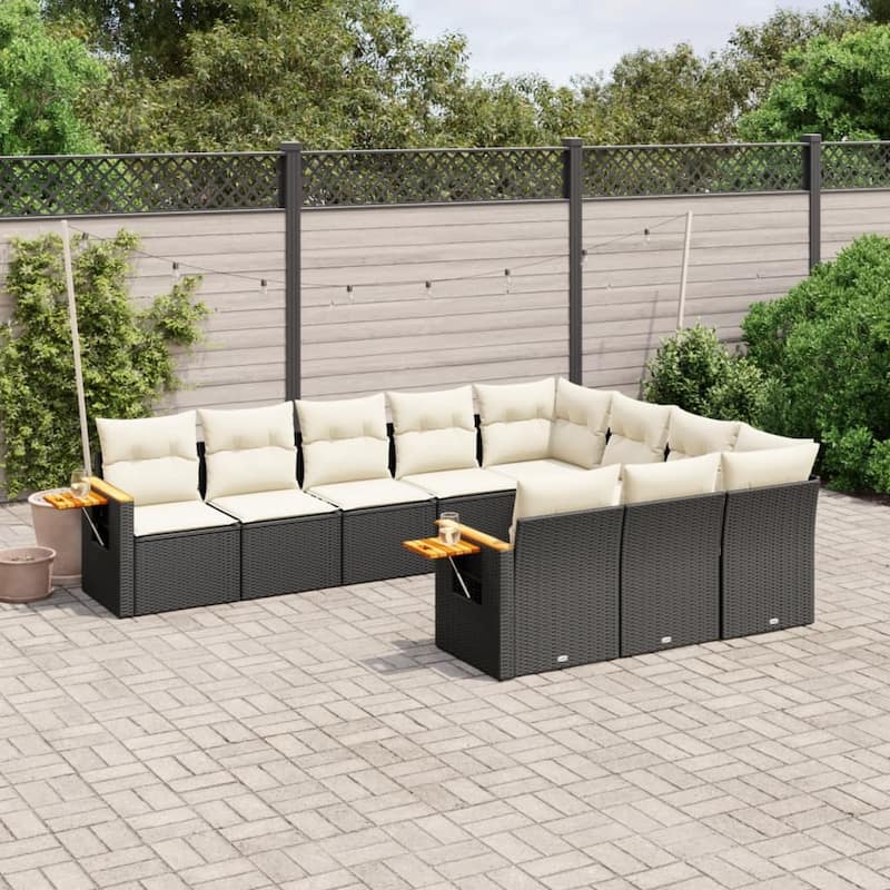 vidaXL Patio Sofa Set with Cushions Outdoor Conversation Furniture Poly Rattan - Black and cream without table - 24.4 x 24.4 x 27.2 in