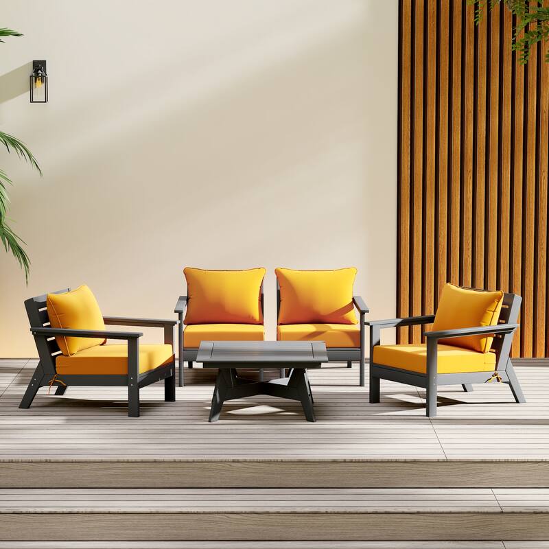Birchwood All Weather HDPE Outdoor Patio Gray Deep Seating Conversation Set (5-Piece Set) - Gray/Yellow