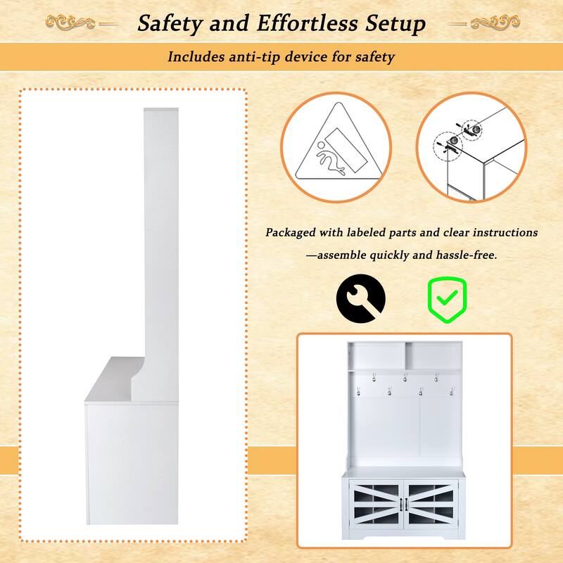 Breathable Hall Tree Cabinet Coat Rack with Adjustable Shelves & Bench Seat, Shoe Storage Cabinet with Wire Mesh Door