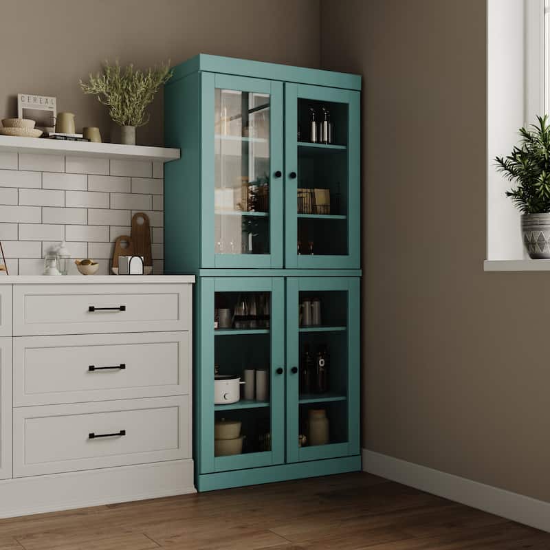 Palace Imports 100% Solid Wood Pantry Cabinet with Frosted, Clear Glass or Solid Doors and Adjustable Shelves - Aqua - Clear Glass