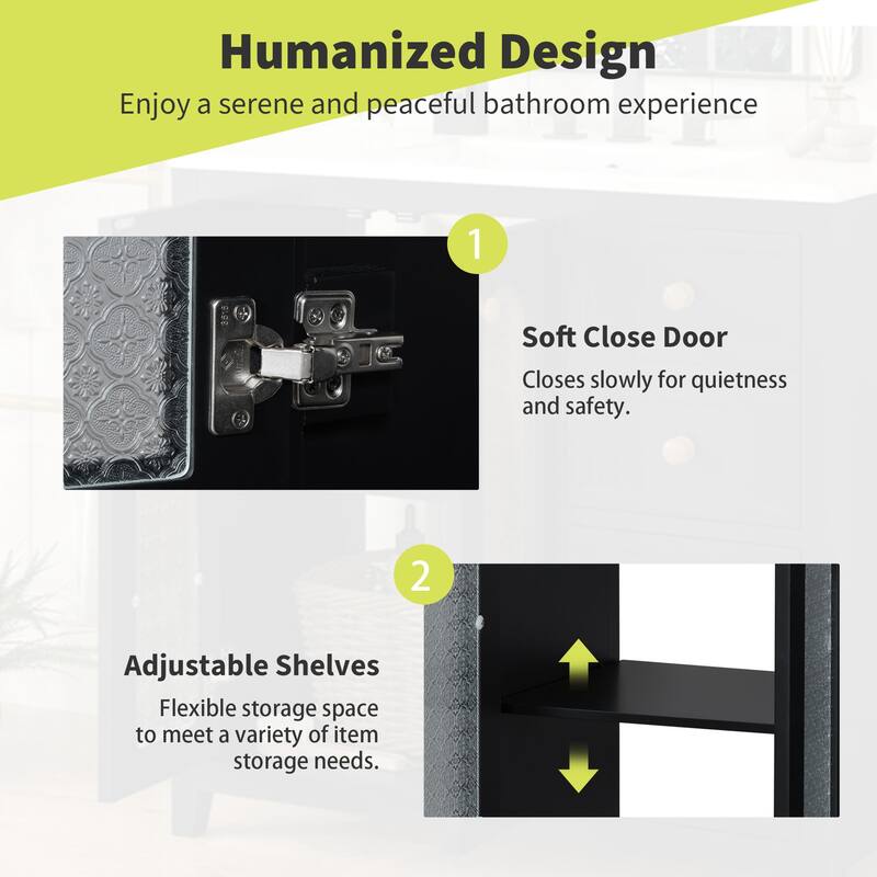 Bathroom Vanity with Ceramic Sink, Bathroom Cabinet with 2 Glass Door and 3 Drawers, Vanity Set with Adjustable Shelf