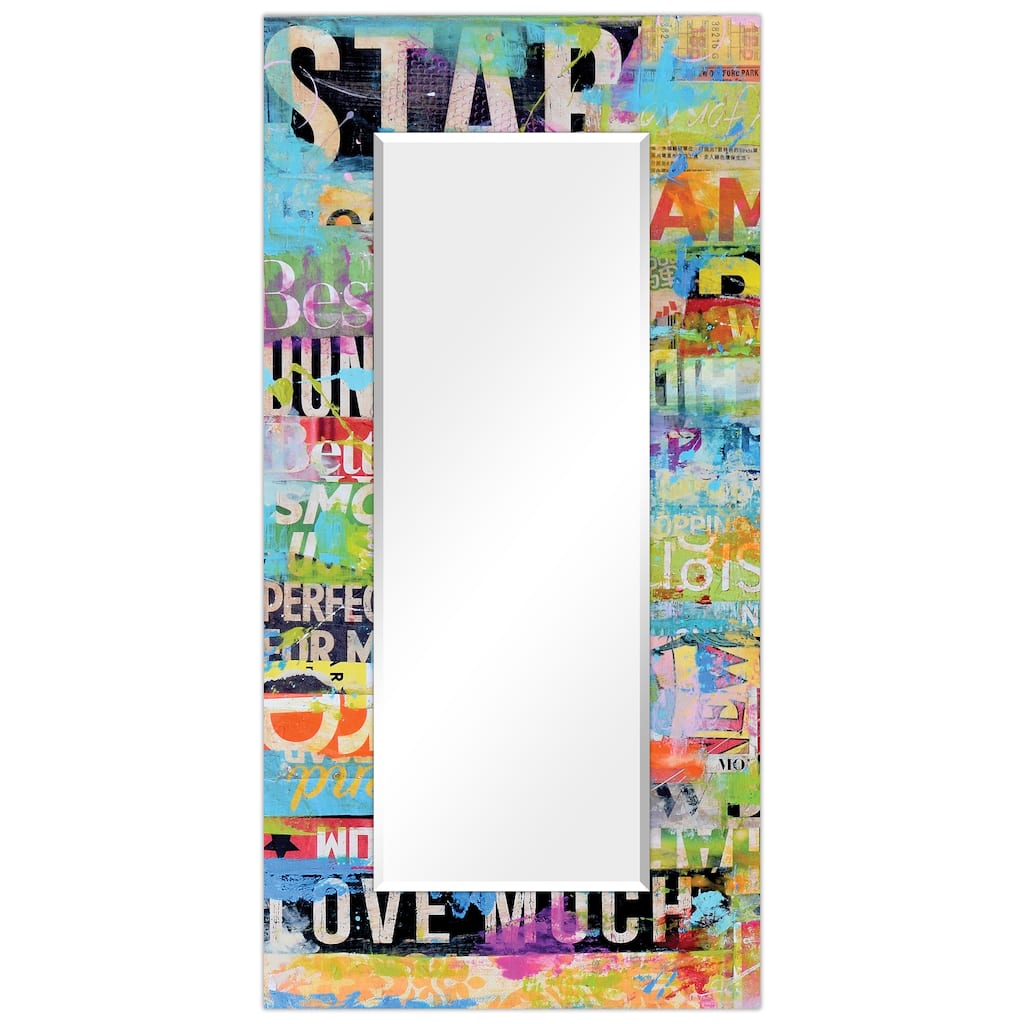 "Metro Mix"Abstract Rectangular Beveled Wall Mirror on Free Floating Printed Tempered Glass - Multi - 72 x 36