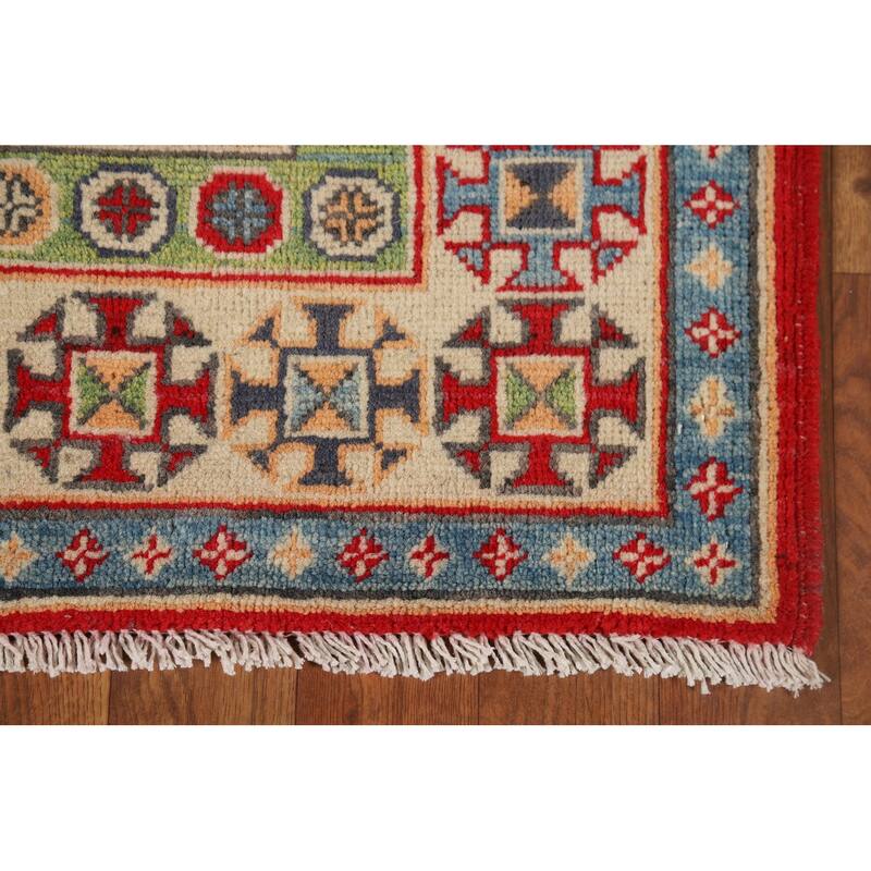 Geometric Kazak Runner Rug Hand-Knotted Oriental Red Wool Carpet - 2'9" x 9'11"
