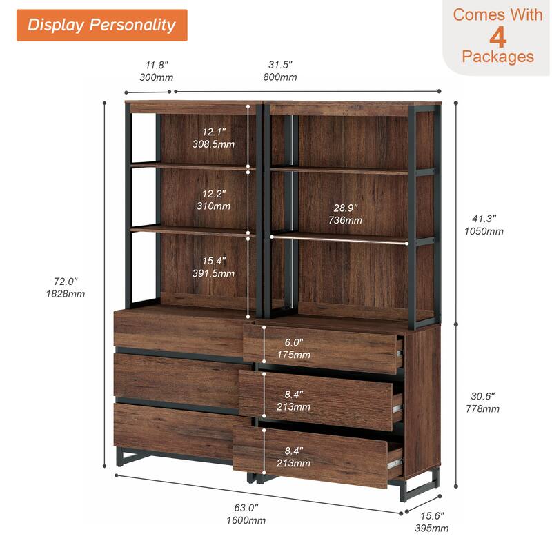 WAMPAT Modern 72" Tall Bookcase with Drawers and Open Book Shelfs, Library Book Shelf for Home Office, Living Room