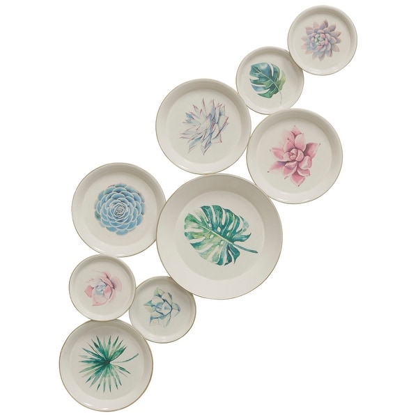 StyleCraft SC-WI42747 19 1/8" x 47 1/8" Iron Botanical Painted Plates Wall Sculpture - Blushing Green-Blue