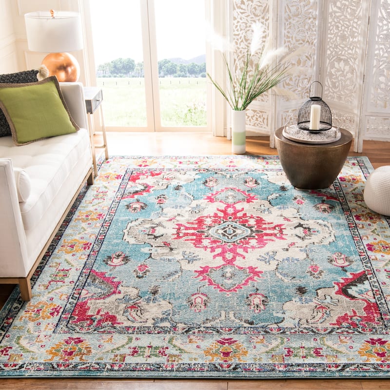 SAFAVIEH Monaco Oceane Boho Medallion Distressed Area Rug - 12' x 18' - Light Blue/Fuchsia