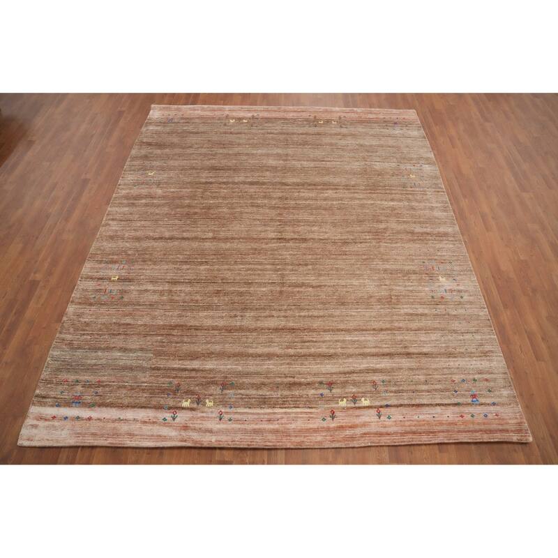 Hand Knotted Oriental Viscose Silk Carpet Tribal Animal Pictorial Brown Gabbeh Area Rug - 9' 11'' X 8' 4''