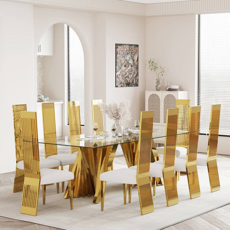 Luxury 78 inch Glass Dining Table with Mirrored Stainless Steel Base