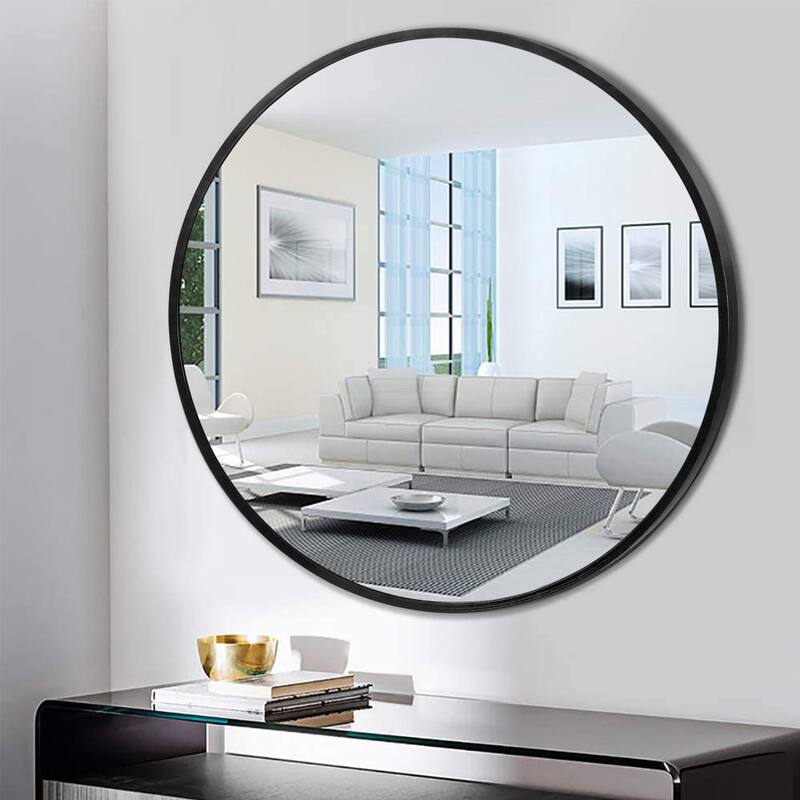 HomeRoots 32" Black Round Metal Framed Accent Mirror