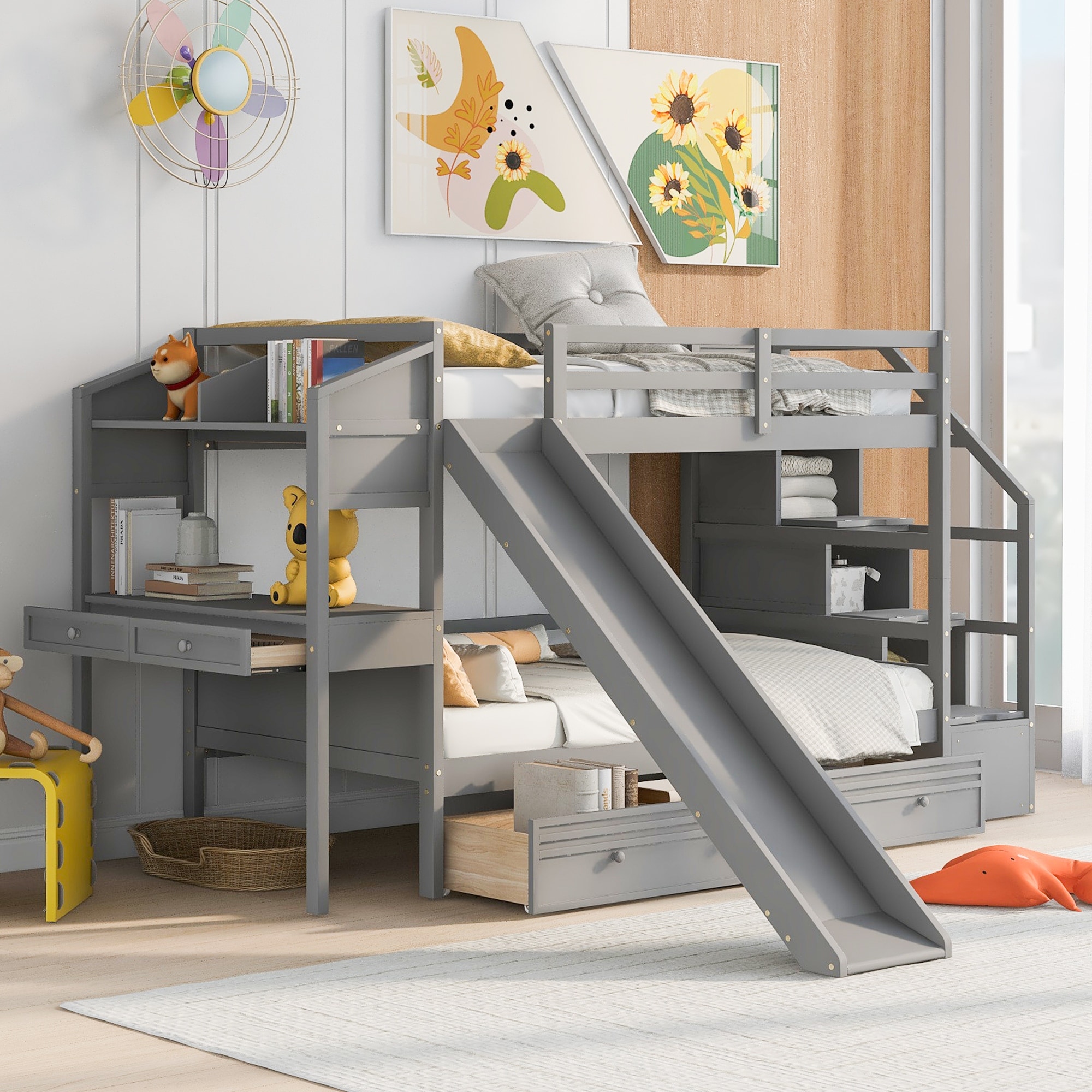 Bunk bed with slide and sale desk