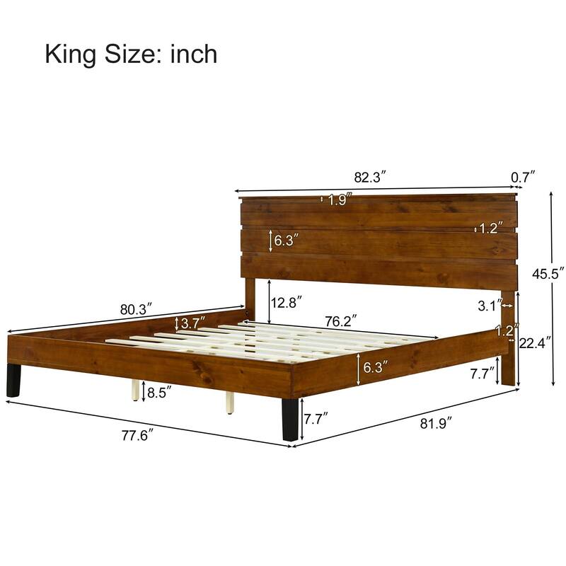 Brown Solid Wood Frame Platform Bed with Three-Piece Headboard Design