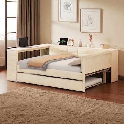 Full Size Upholstered Platform Bed with Trundle, Storage Shelves, Desk & Charging Station, Velvet Frame