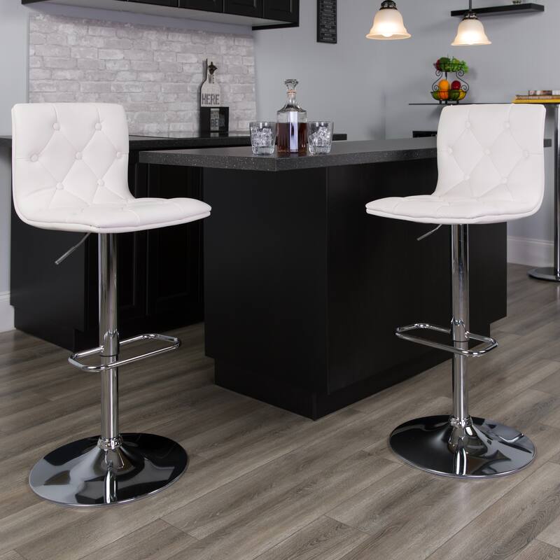 Contemporary Button Tufted Vinyl Adjustable Height Barstool with Chrome Base - 15"W x 18"D x 35.25" - 43.75"H - White
