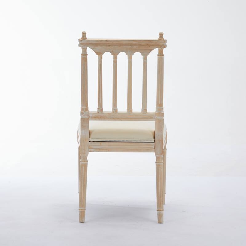 Antique Wooden Dining Chairs Set of 2, with Linen Fabric Seat and Slatted Back
