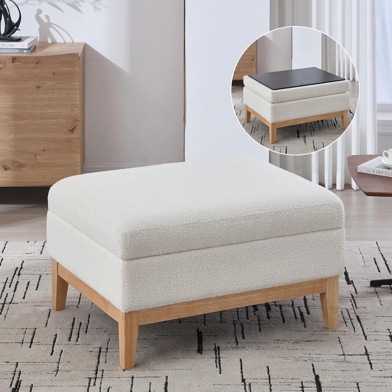 33.86"W Upholstered Wood Base Storage Ottoman with Reversible Lid - Ivory+Natural