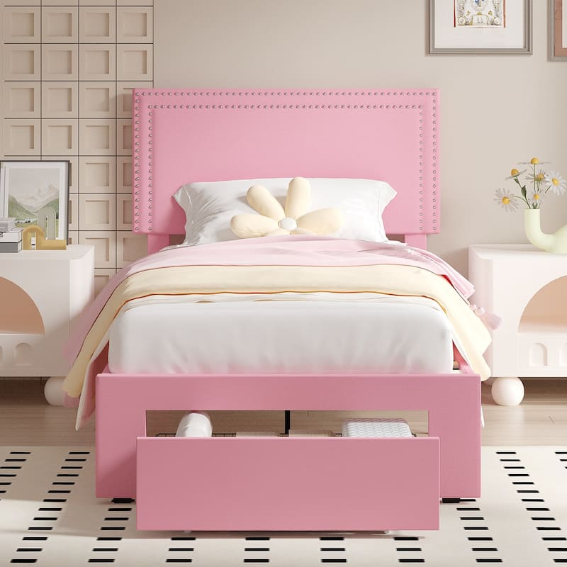 VECELO Set of 2 Twin Beds with Rolling Underbed Drawer Height Adjustable Headboard Rivet-Trimmed Headboard Twin Beds
