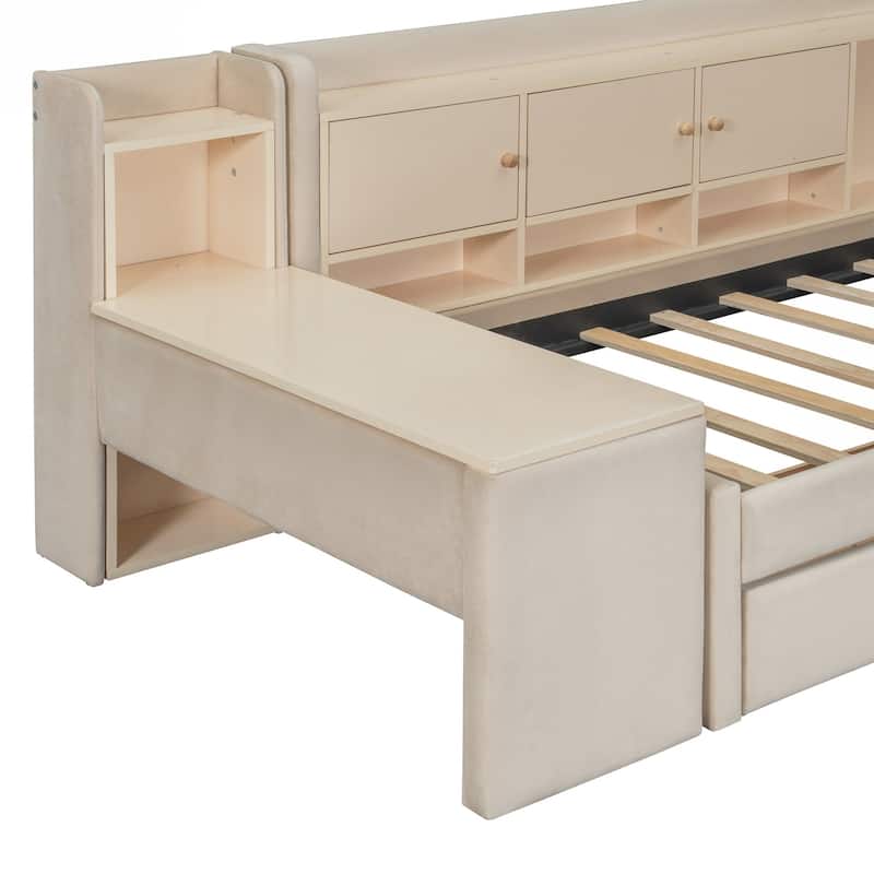 Twin Size Upholstered Daybed with Drawers, Shelves, Flip Cabinets & Side Table
