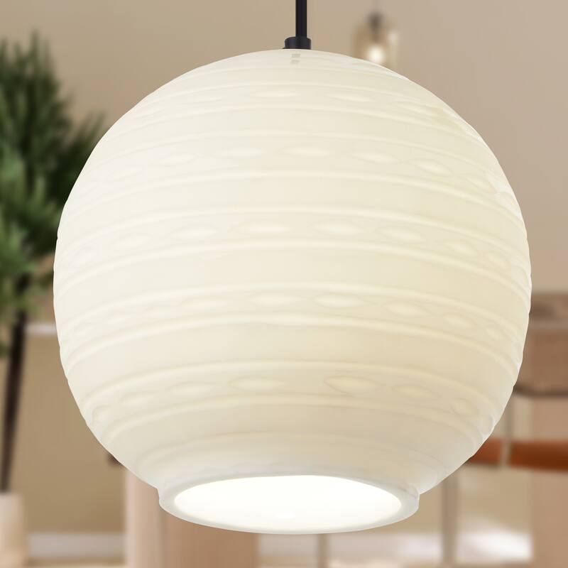 Hayley River of Goods Black Metal and White Blown Glass 9.5-Inch Pendant Light with Adjustable Hanging Cord - 9.5" x 9.5" x 64"