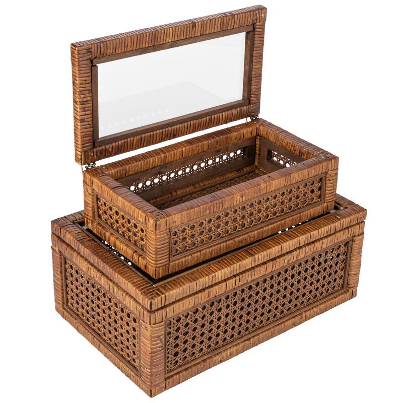 Woven Rattan Display Boxes with Glass Lids & Fir Wood Frame