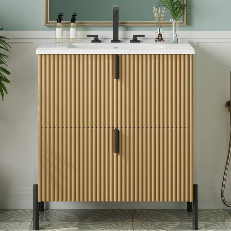 30" Vanity with Ceramic Sink,Equipped with Vertical Pulls,Full-Extension Drawers,Freestanding Vanity with Close Drawer Slides - Natural