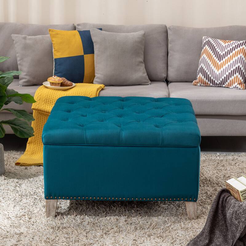 29.5" Wide Velvet Tufted Square Ottoman With Storage - Teal