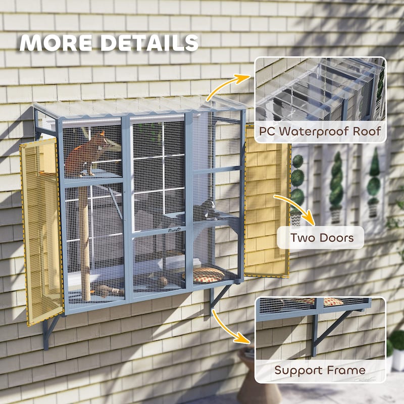 PawHut Outdoor Catio, Cat Window Catio Box Enclosure for 2-3 Large Indoor Cats with 2 Jumping Platforms, Scratching Post