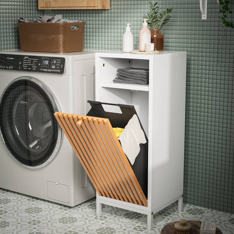 Bathroom Side Cabinet with Bamboo Front & Hamper - Natural/White