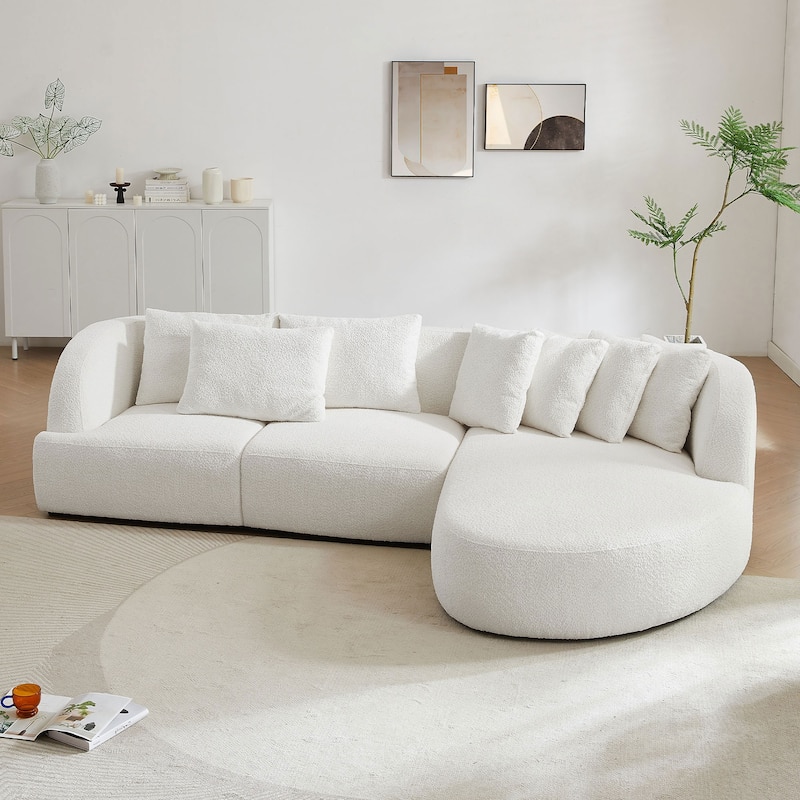 Modern Curved L-Shaped Sectional Sofa with Chaise – Extra Wide White Upholstered Luxury Lounge