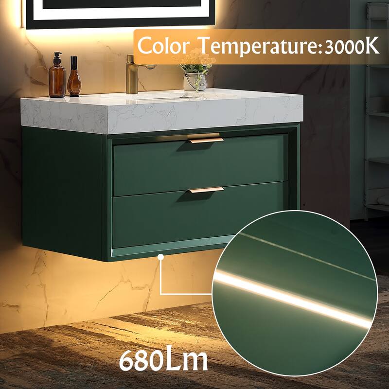 36/48/60 Modern LED Floating Bathroom Vanity with Single/Double Sink & Soft-Close Drawers & Waterproof, Green