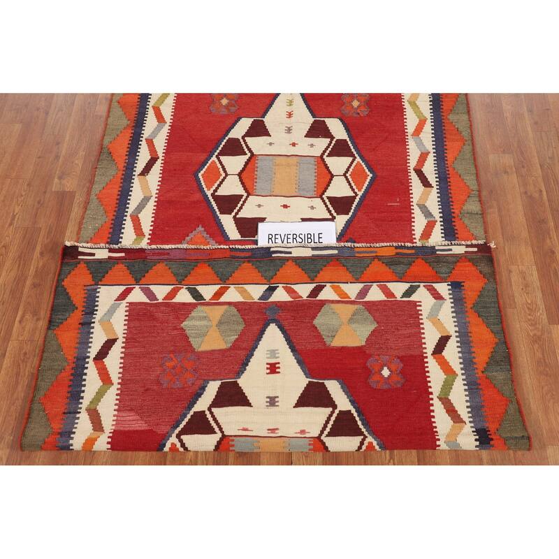 Geometric Kilim Qashqai Persian Vintage Rug Hand-Woven Wool Carpet - 4'5"x 8'1"