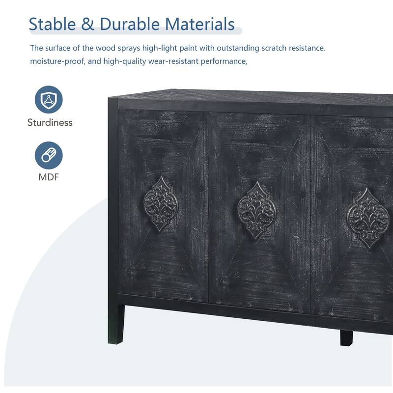 4 Door Antique Sideboard Buffet Cabinet with Carved Flower Handles, Adjustable Shelves, for Living Room, Kitchen, Hallway