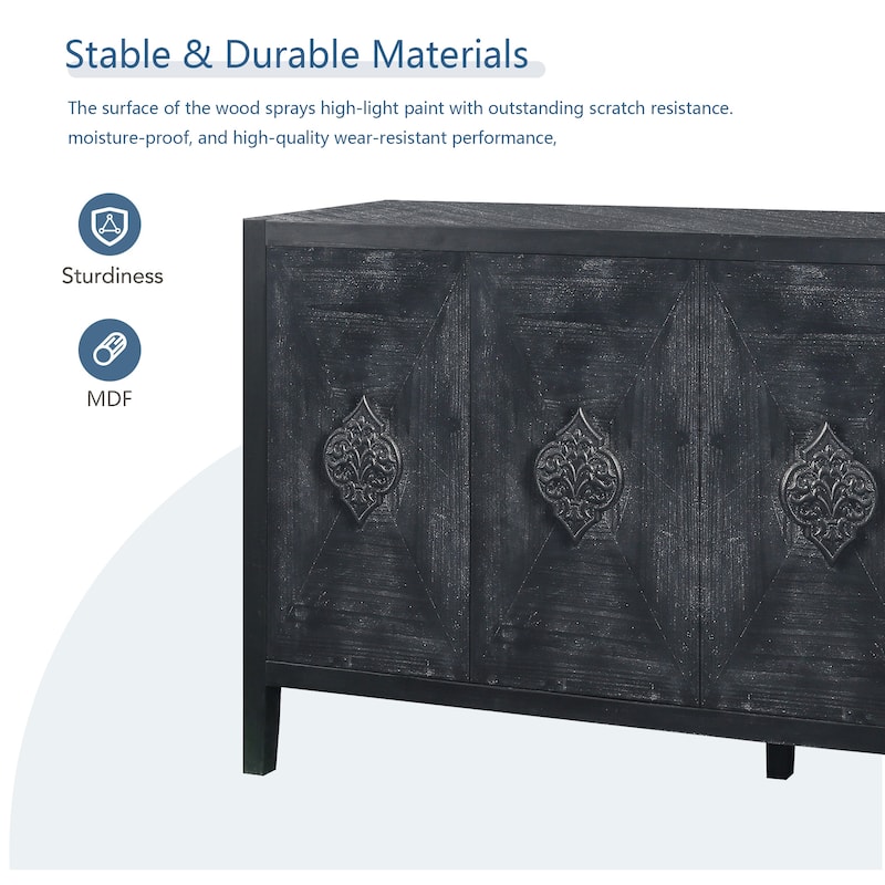 Antique 4-Door Sideboard with Carved Flower Handles and Adjustable Shelves for Living Room