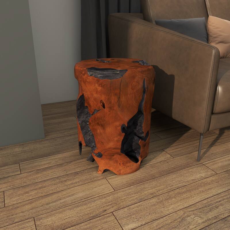 Teak Wood Handmade Live Edge Stump Side End Accent Table with Charred Detailing - Brown - Roche River Decor