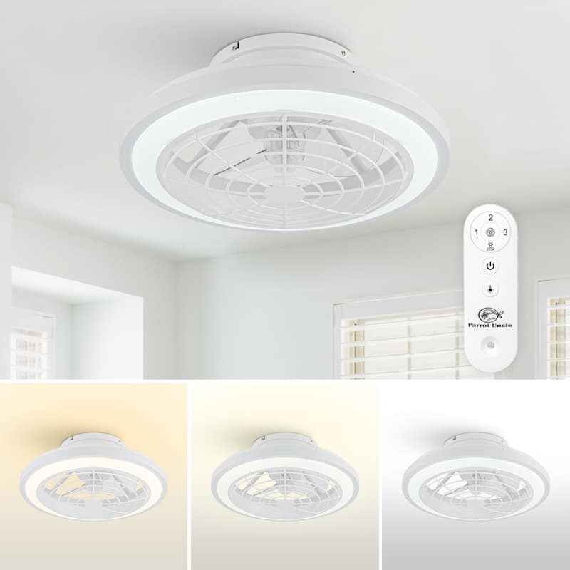 20" Modern White Dimmable Enclosed Caged Ceiling Fan with Light and Remote