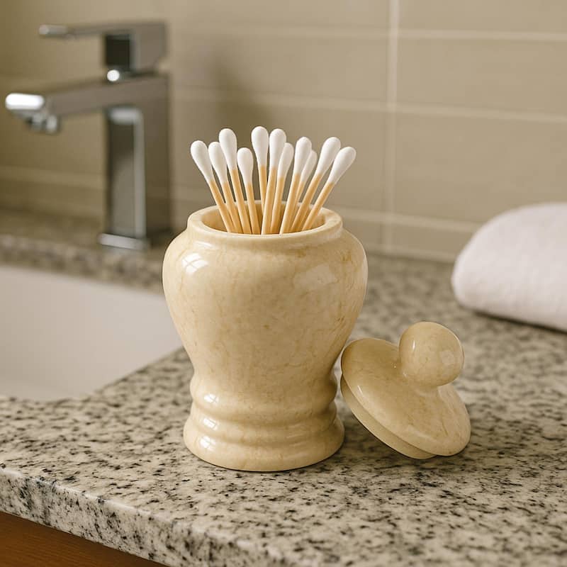 Creative Home Aladdin Collection Champagne Marble Cotton Ball Swab Holder, Bathroom Storage Jar - Beige