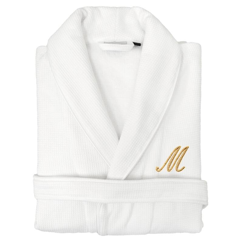 Authentic Hotel and Spa Unisex Gold Monogrammed Turkish Cotton Waffle Weave Terry Bath Robe - S/M - M